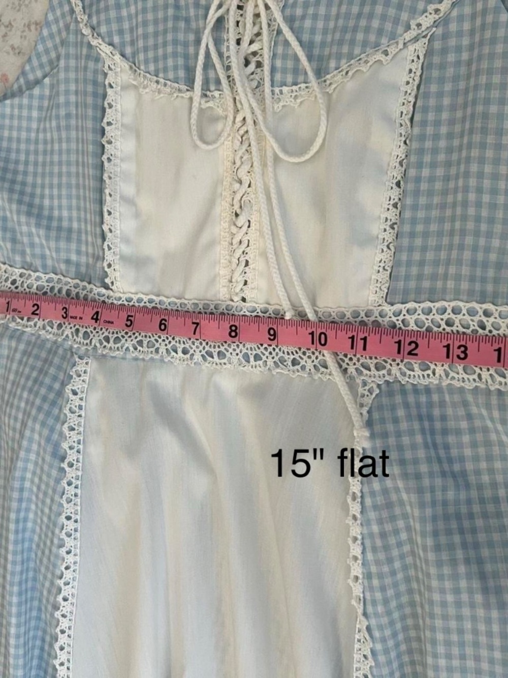 Rare 70s Gunne Sax Dress Sleeveless Light Blue Gingham Lace Corset Prairie - Picture 8 of 8